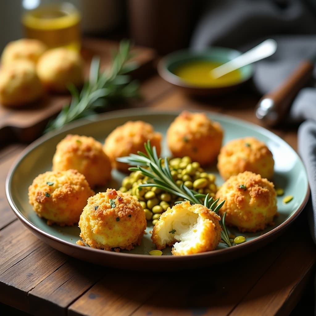 Bandeja de croquetas de coliflor y queso manchego con costra dorada de pistacho triturado, horneadas y servidas sobre papel de horno. Plato rústico con fondo de madera y hierbas frescas.