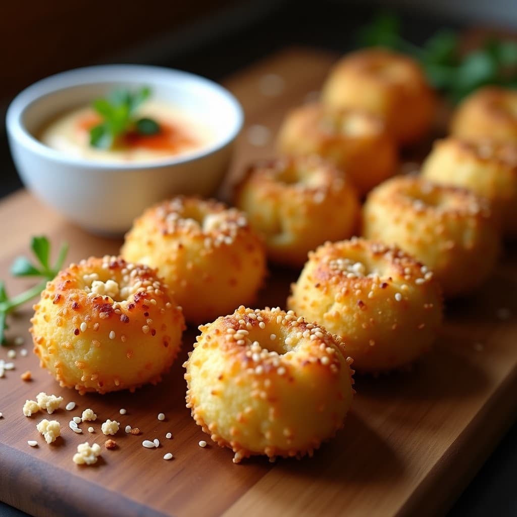 Croquetas doradas y crujientes de coliflor y queso vegano sin freír, espolvoreadas con semillas de sésamo tostadas, servidas en una tabla de madera con dip de tahini al lado. Receta alta en fibra y vegana.