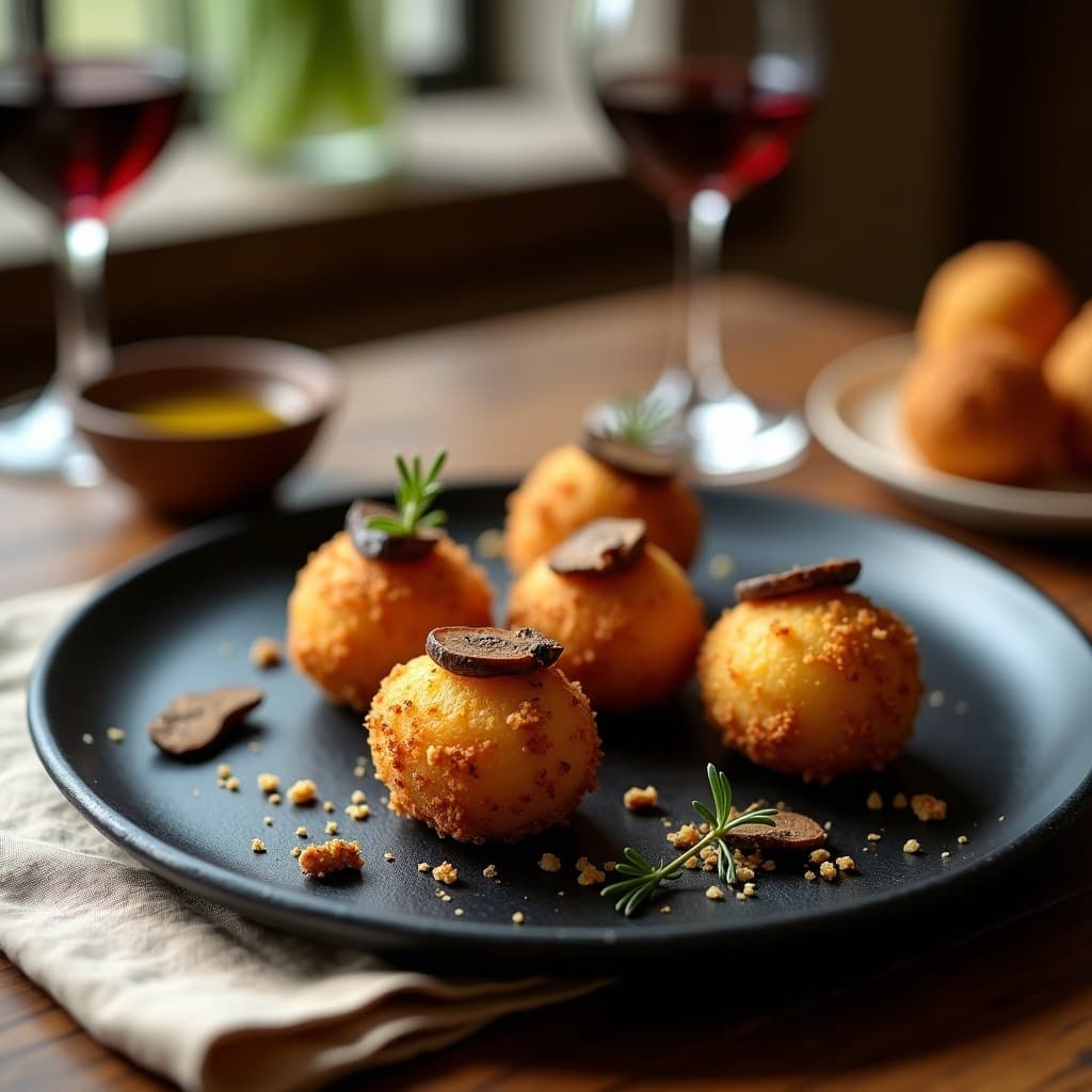 Croquetas doradas de espelta y boletus con láminas de trufa negra, servidas en plato de pizarra con decoración rústica. Aperitivo francés gourmet hecho en airfryer, crujientes por fuera y cremosas por dentro.