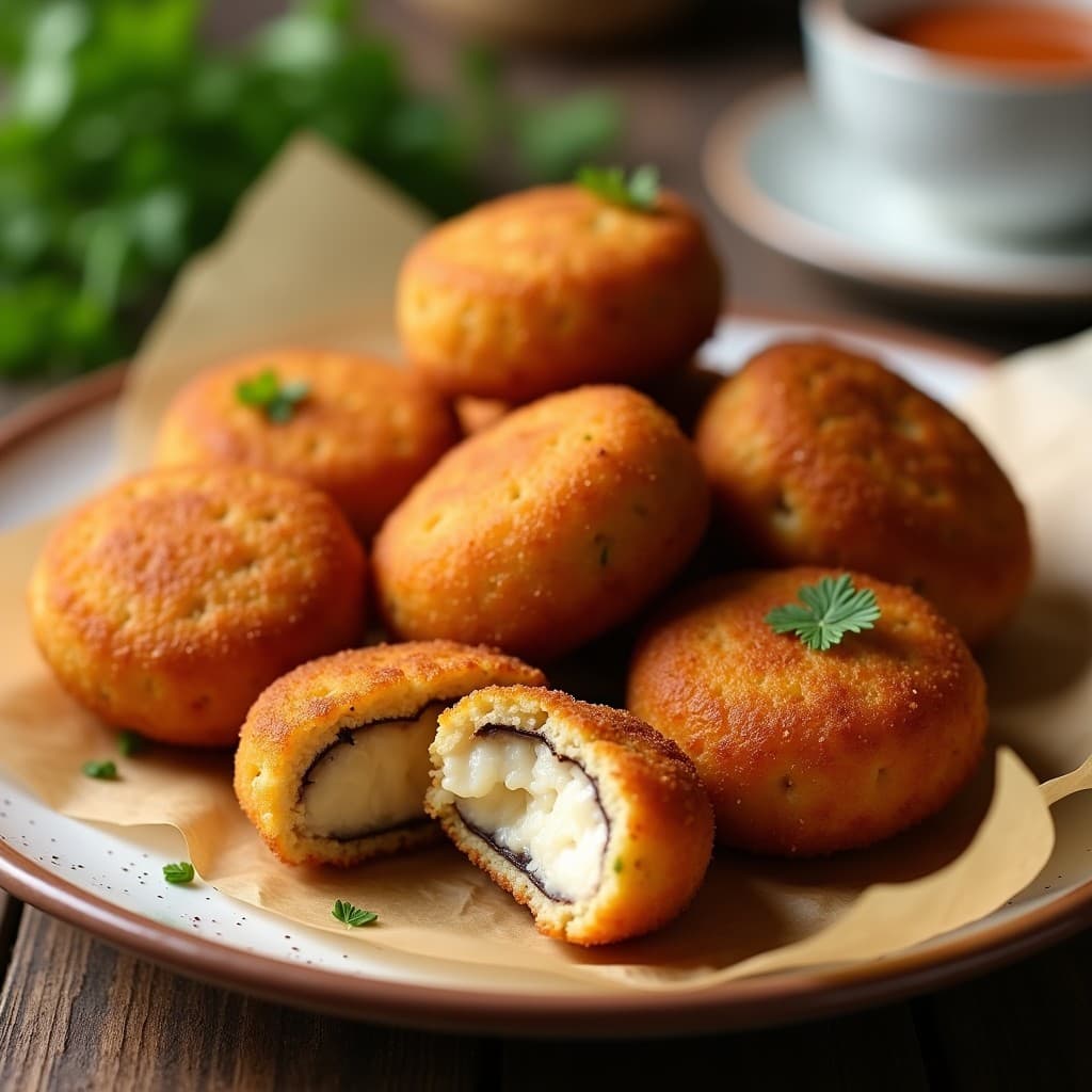 Croquetas doradas y crujientes de espelta y champiñones sobre papel de horno, con un fondo rústico y hierbas frescas. Receta vegana en airfryer.
