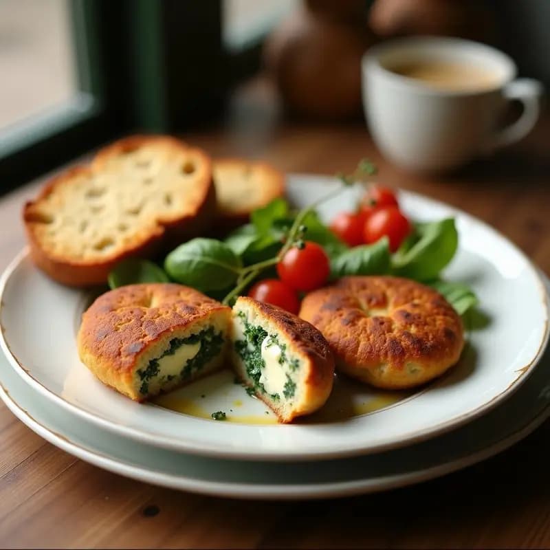 Croquetas doradas de espinaca y queso de anacardo rebozadas con pan de almendra, servidas en un plato blanco rústico con una salsa cremosa al lado. Receta sin gluten hecha en Thermomix.