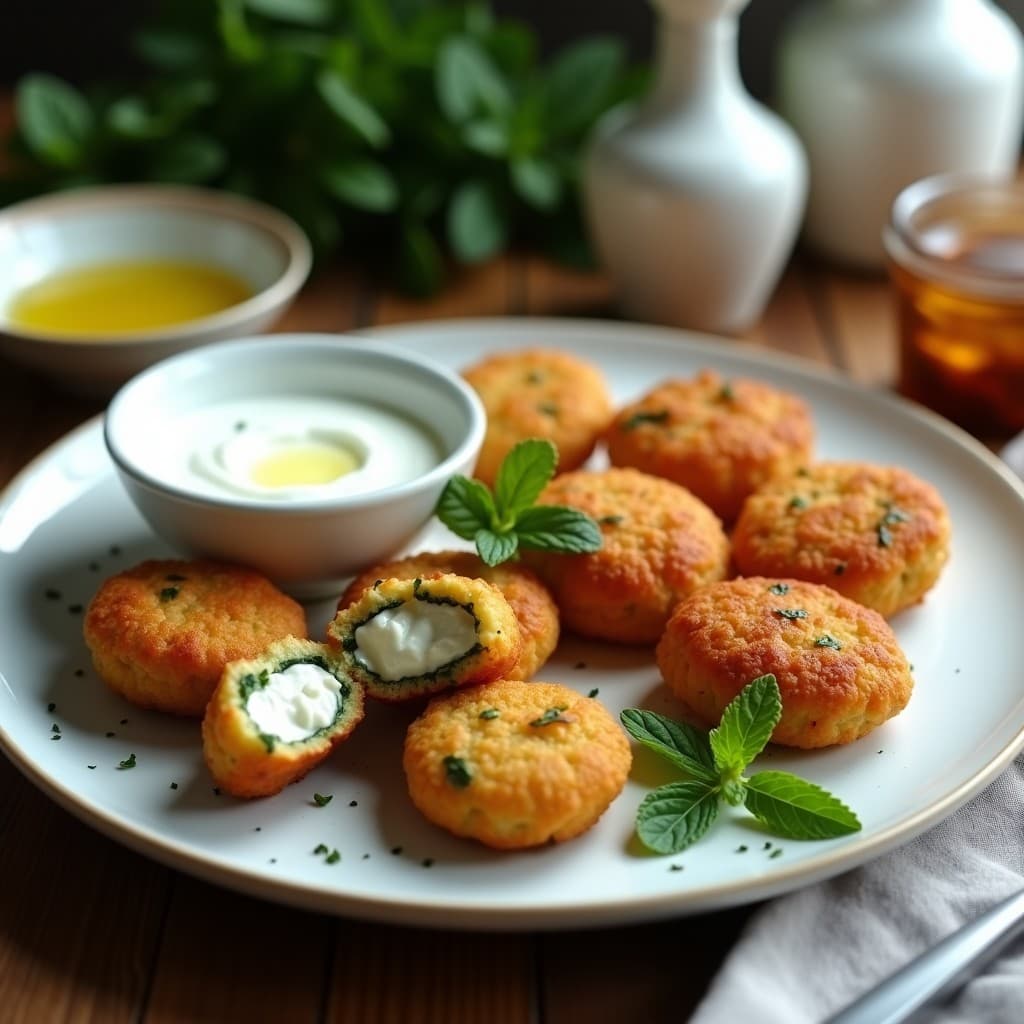 Croquetas de espinaca y ricotta doradas en airfryer, sin rebozado, sobre un plato blanco con hierbas frescas y un bol de salsa yogur al lado. Receta saludable y rápida.