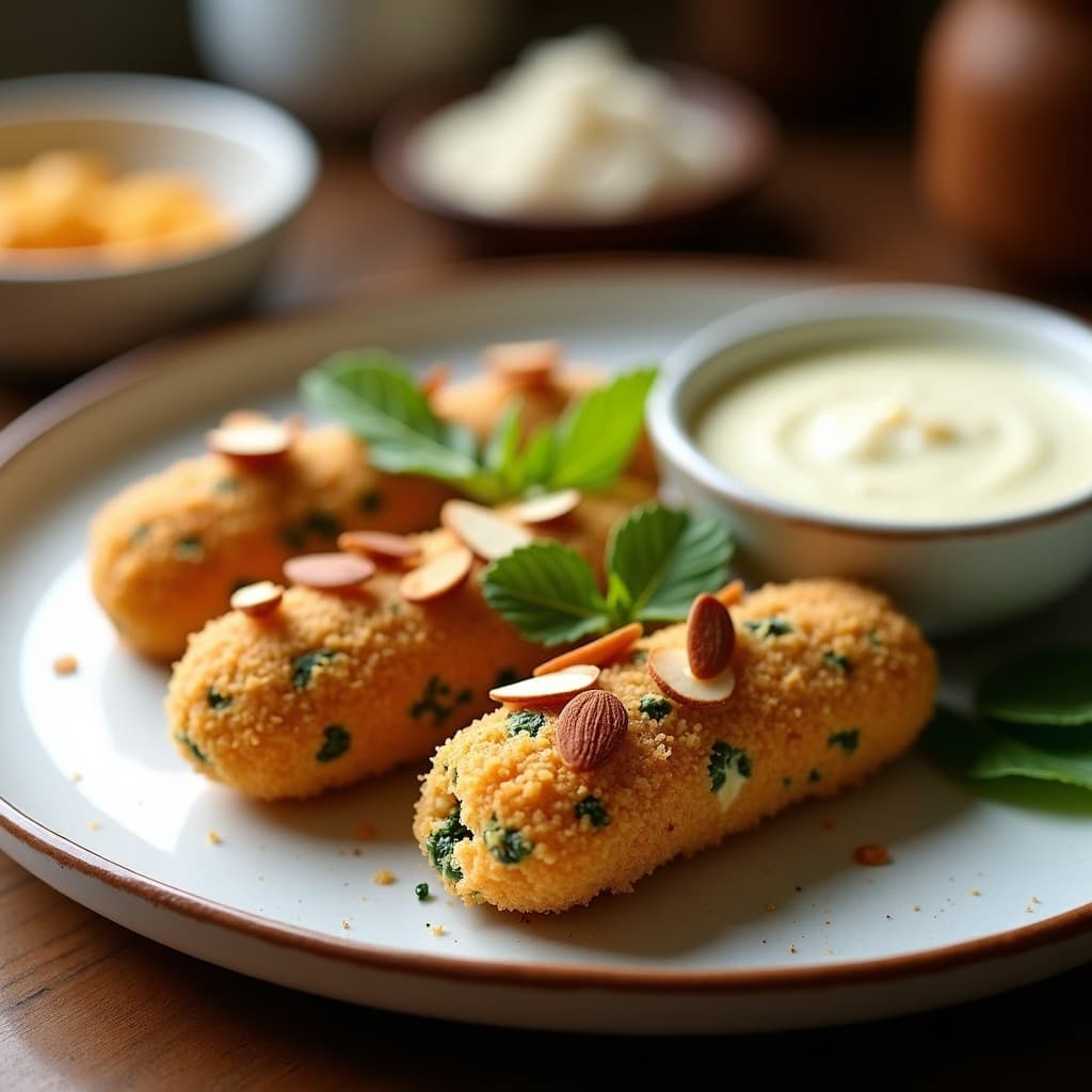 Croquetas doradas de espinacas y queso de cabra con pan de almendra servidas en un plato blanco rústico, decoradas con almendras fileteadas tostadas y acompañadas de una salsa cremosa. Receta en Airfryer sin harina, keto y alta en proteína.