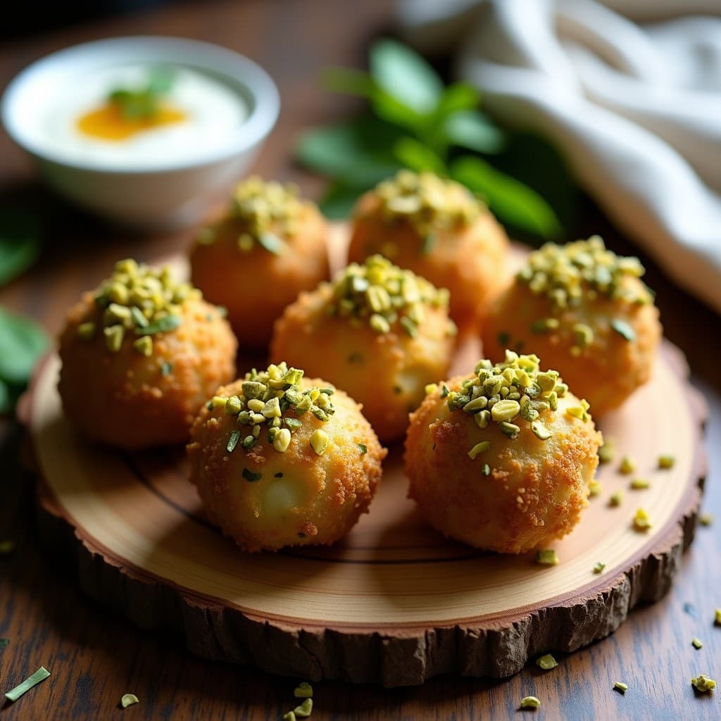 Croquetas doradas de espinacas y queso de cabra con cubierta crujiente de pistachos tostados, servidas en bandeja de madera rústica con salsa de yogur y miel al lado.
