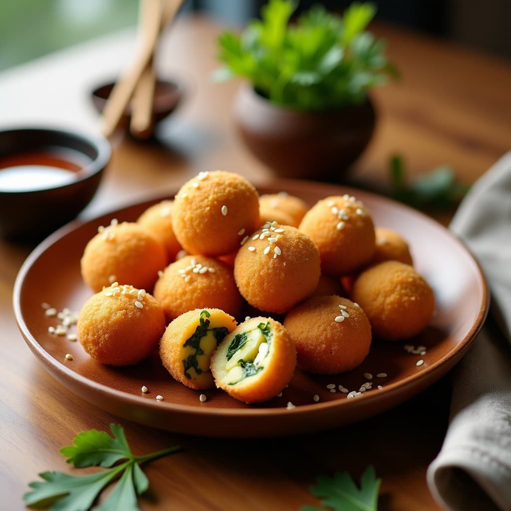 Croquetas doradas y crujientes de espinacas y queso de caju con corteza de panko japonés, servidas en plato de madera con salsa teriyaki y semillas de sésamo, aperitivo sin lactosa.