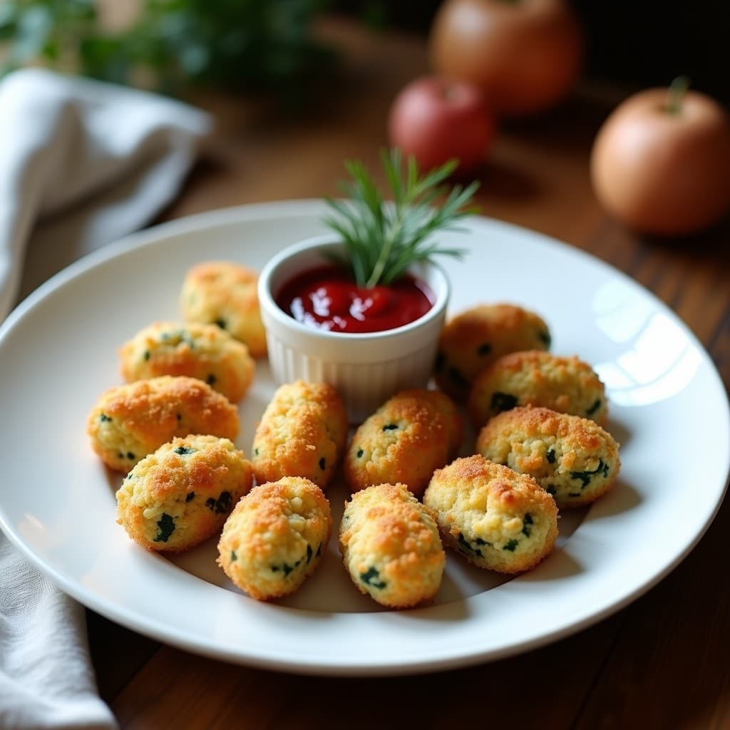 Plato blanco con croquetas doradas de espinacas y queso de oveja, cubiertas de pan rallado de maíz, acompañadas de salsa moldava de frambuesa en un cuenco pequeño y decoradas con eneldo fresco.