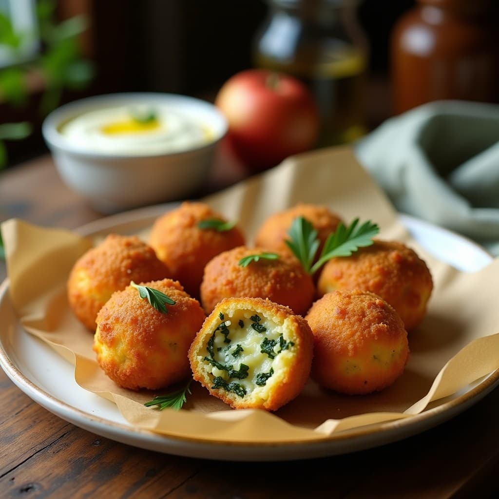 Croquetas doradas y crujientes de espinacas y queso de oveja sin gluten, servidas sobre papel de horno con un toque de perejil fresco y salsa de yogur al lado.