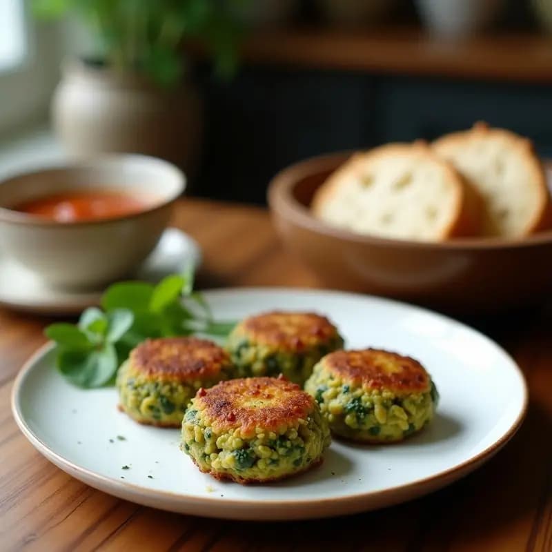 Croquetas doradas y crujientes de espinacas y tofu sedoso, empanizadas con pan rallado de coco, servidas en un plato blanco con un dip de yogur vegano y hojas de espinaca fresca como decoración.