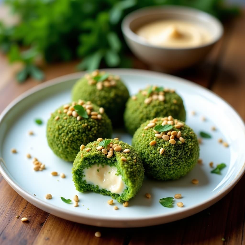 Croquetas de espirulina y espinacas crudiveganas con cobertura de semillas de chía, lino y cáñamo, servidas en plato blanco con dip de tahini al lado. Aperitivo saludable y colorido.
