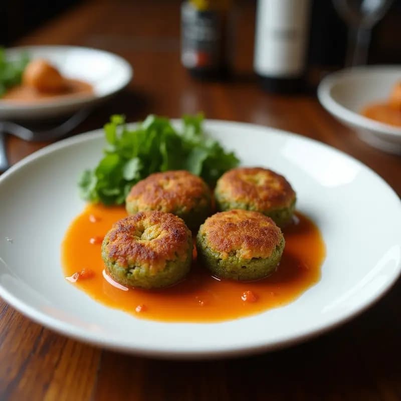 Croquetas doradas y crujientes de espirulina y gambas servidas en un plato blanco con salsa de tamarindo y chile al lado, receta en airfryer.