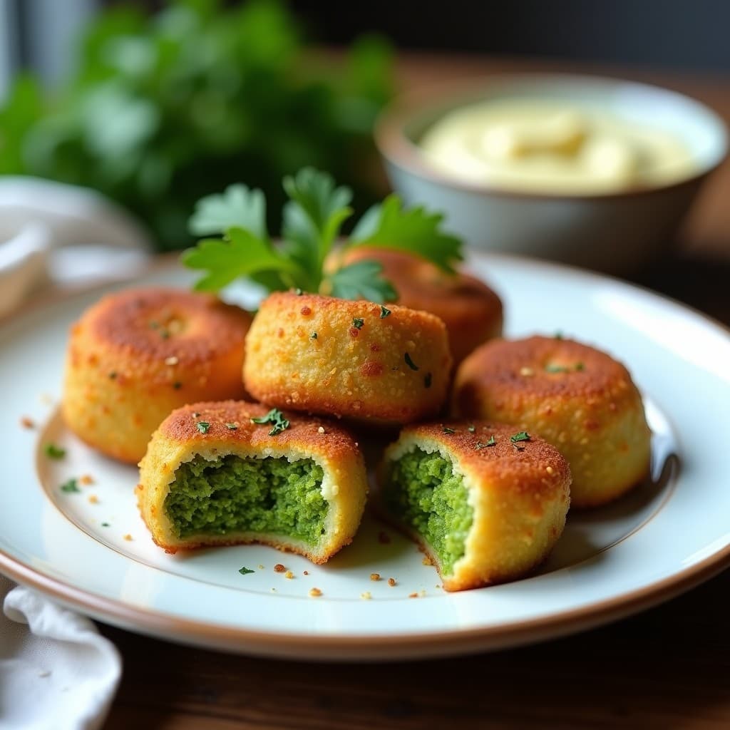 Croquetas de espirulina y patata con bechamel de anacardos, doradas y crujientes, servidas en un plato blanco con perejil fresco y salsa de yogur vegano al lado. Receta vegana, alta en proteína y con un color verde intenso.