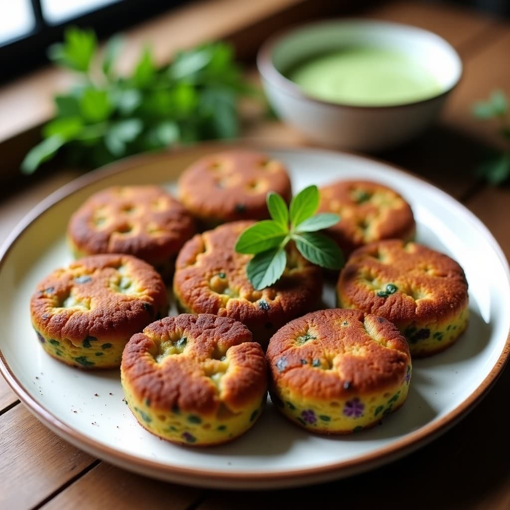 Croquetas doradas de espirulina y patata morada veganas en Thermomix, con textura crujiente por fuera y cremosa por dentro, servidas en plato blanco con salsa verde y perejil fresco.