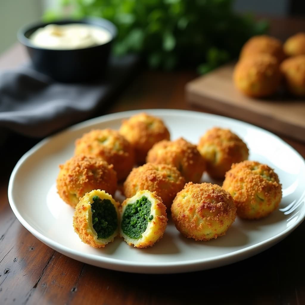 Croquetas doradas y crujientes de espirulina y patata con cobertura de pan panko, servidas en plato blanco sobre fondo rústico de madera, aperitivo verde y saludable.