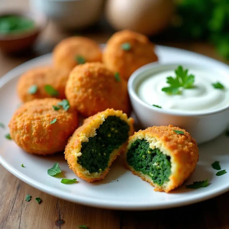 Croquetas de espirulina y champiñones portobello doradas y crujientes, servidas en un plato blanco con salsa de yogur vegetal y decoradas con perejil fresco, receta de aperitivo verde alta en nutrientes en airfryer.