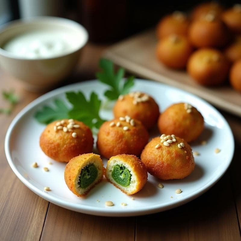 Plato blanco con croquetas de espirulina y queso de anacardos doradas, aperitivo vegano en olla exprés, servidas con salsa yogur y decoradas con semillas de sésamo.