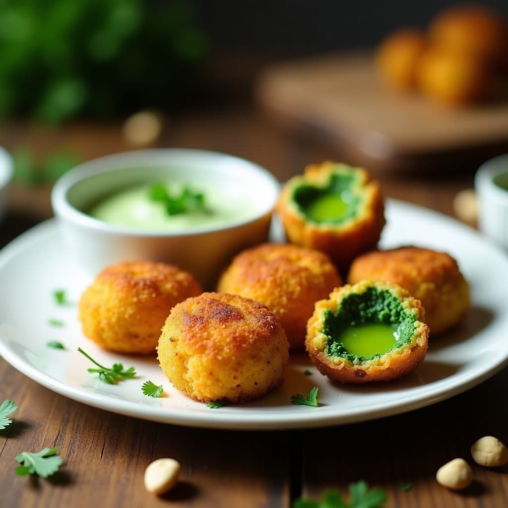 Croquetas doradas y crujientes de espirulina y queso de anacardos servidas en un plato blanco con salsa verde, receta vegana alta en hierro.