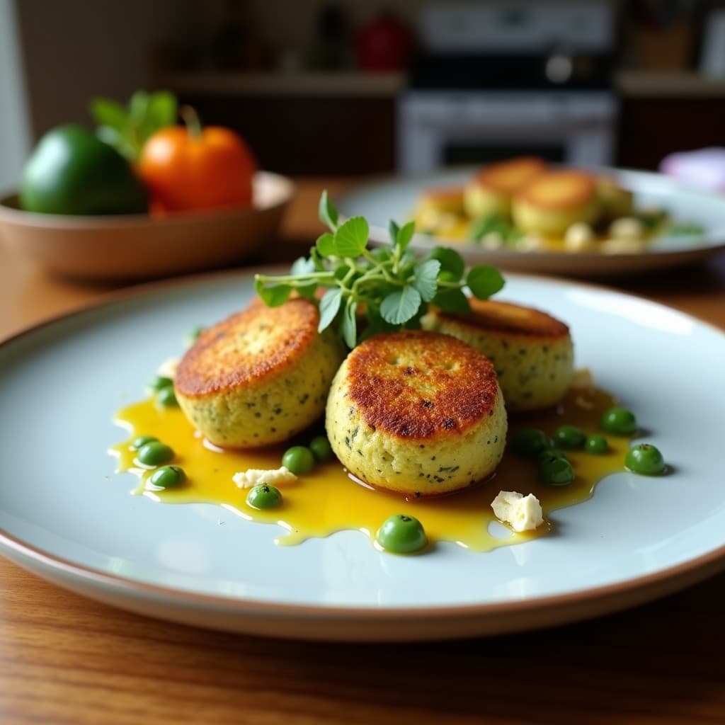 Croquetas doradas y crujientes de espirulina y queso azul con un brillo dorado de miel de romero, servidas en una fuente de cerámica negra con nueces picadas espolvoreadas. Aperitivo gourmet alto en hierro con contraste de sabores dulces y salados.