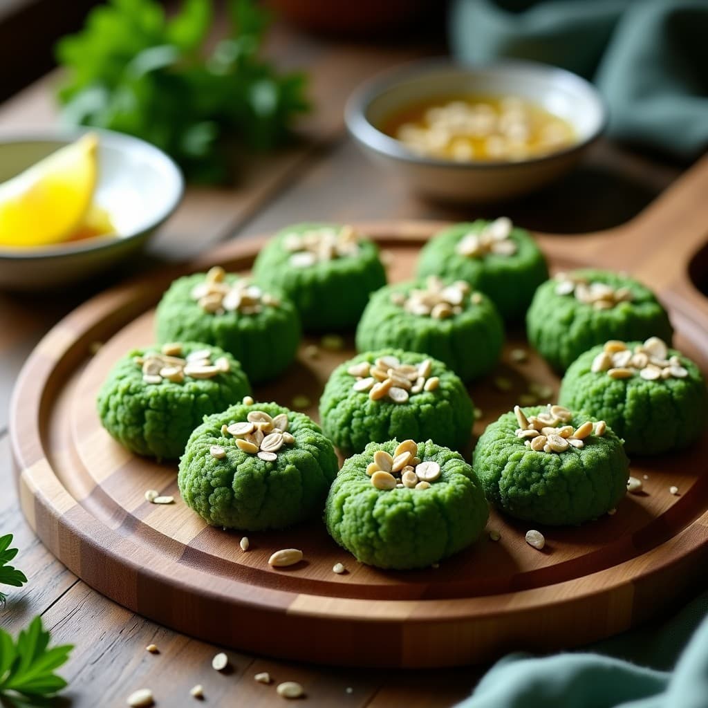 Croquetas de espirulina y queso de caju crudiveganas dispuestas en bandeja de madera, con un verde intenso y cobertura dorada de avena y chía, rociadas con aceite de oliva virgen extra.