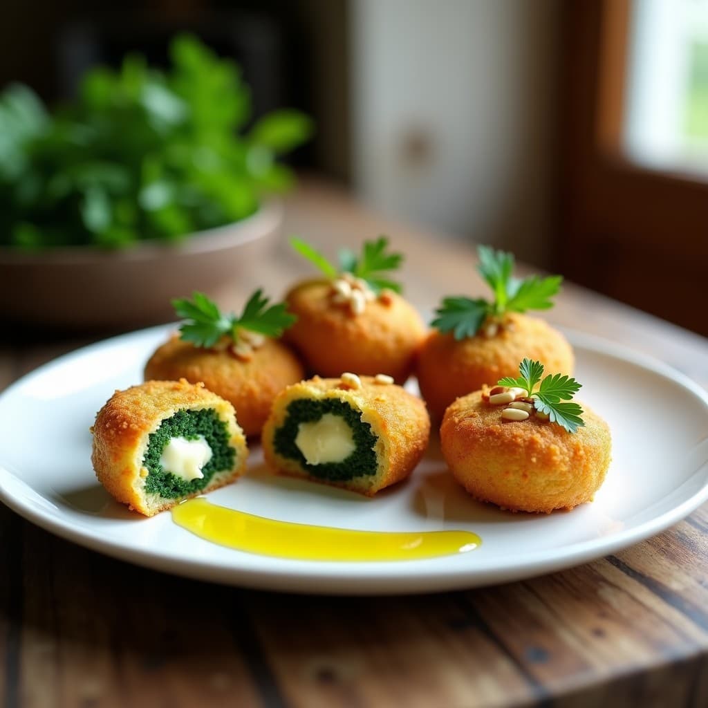 Croquetas doradas de espirulina y queso manchego con pan de almendra, servidas en plato blanco con perejil fresco y aceite de oliva virgen extra, aperitivo alto en proteína.