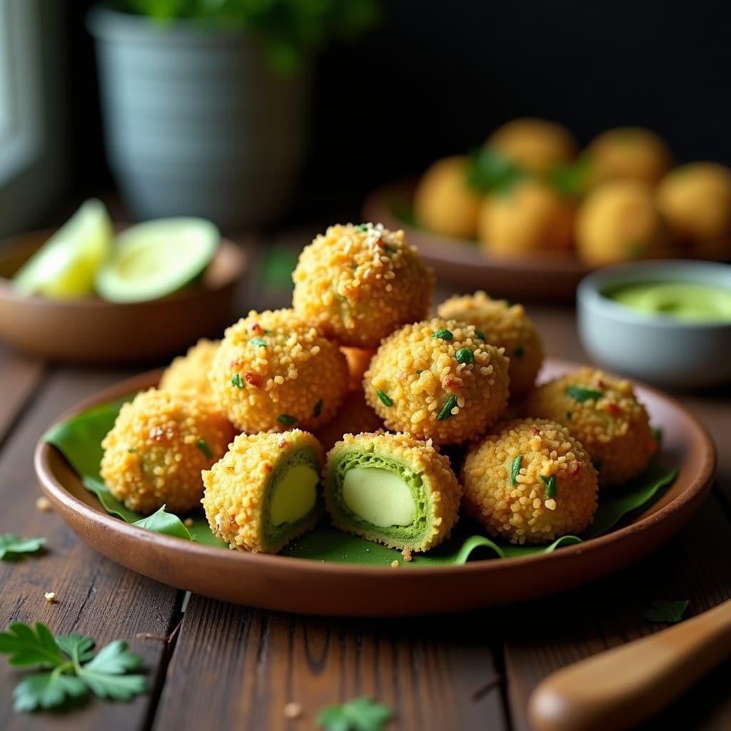 Croquetas de espirulina y queso de mandioca keto en airfryer, doradas y crujientes, con un interior cremoso de color verde esmeralda, servidas en un plato de madera con salsa de yogur y hierbas frescas.