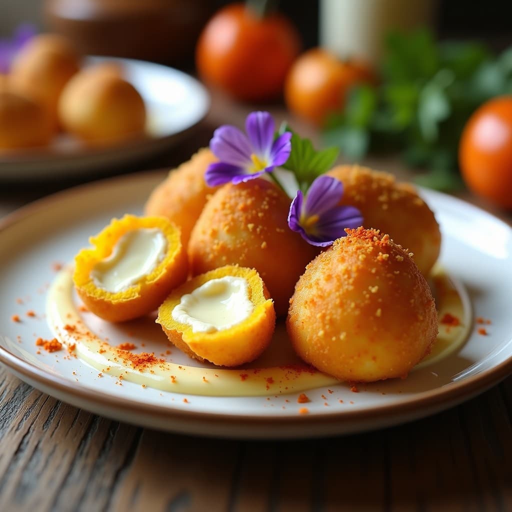 Croquetas veganas de flor de calabaza y queso de castaña con béchamel de avena, doradas y crujientes, servidas en plato blanco con salsa alioli y decoración de flores comestibles.