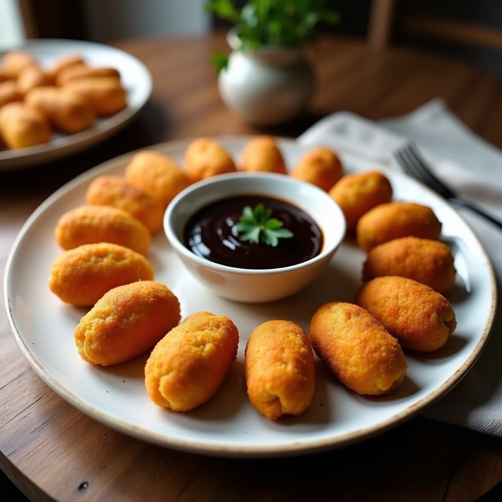 Croquetas doradas y crujientes de garbanzo y ancas de rana servidas en plato blanco rústico, acompañadas de cuenco con salsa de ajo negro cremosa y perejil fresco. Receta española innovadora en Airfryer.