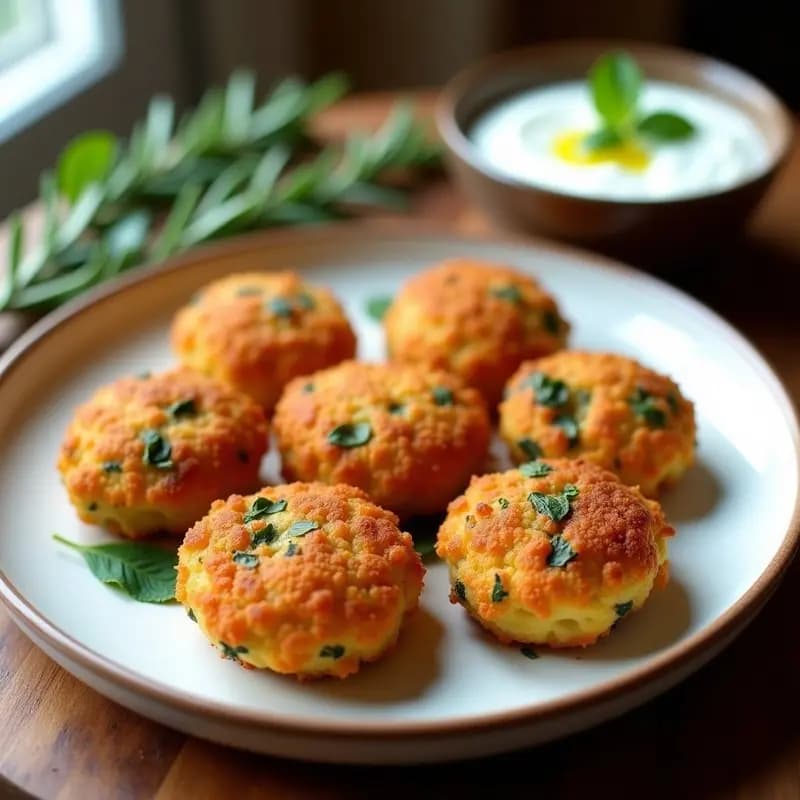 Croquetas doradas y crujientes de garbanzo y espinacas con bechamel de anacardos, servidas en un plato blanco rústico con hierbas frescas y un fondo de madera oscura, receta vegana española en airfryer.