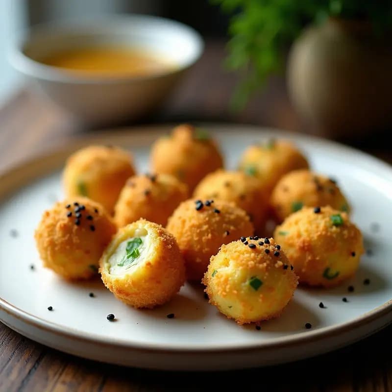 Croquetas doradas de puré de garbanzos y espárragos con cobertura de panko y semillas de sésamo negro, servidas en un plato de cerámica blanca con salsa de soja y limón al lado. Aperitivo japonés vegano crujiente.