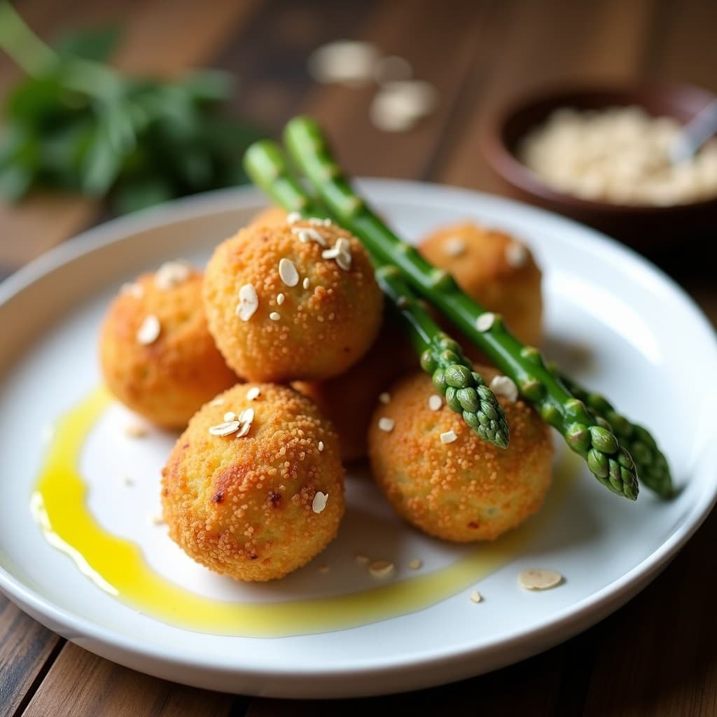 Croquetas doradas y crujientes de garbanzos y espárragos sin lácteos, con bechamel de avena y almendras fileteadas, servidas en plato blanco con puntas de espárrago y aceite de oliva.