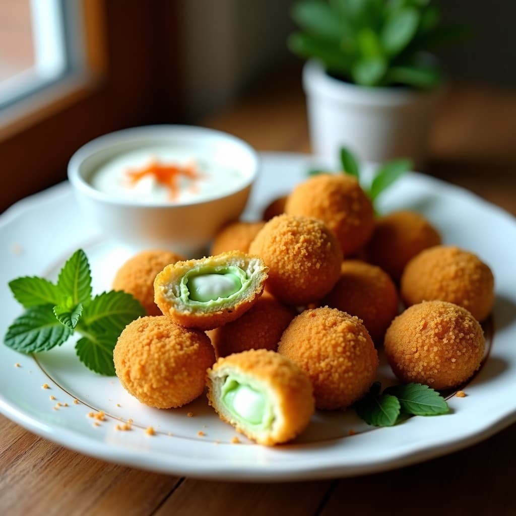 Croquetas doradas de puré de guisantes y mentas con pan rallado de almendras, servidas en un plato blanco con hojas de menta fresca y salsa de yogur vegano al lado. Receta de aperitivo vegano en Airfryer.