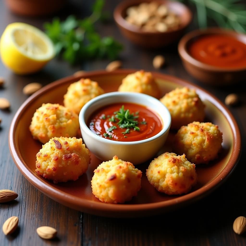 Croquetas doradas y crujientes de habas y alcachofa servidas en un plato blanco rústico, acompañadas de salsa romesco de color rojizo en un cuenco pequeño. Decoradas con perejil fresco y almendras fileteadas, con un fondo de madera oscura y luz natural que resalta su textura.