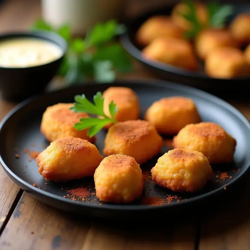 Croquetas doradas en forma de media luna con textura crujiente por fuera y cremosa por dentro, rellenas de hongos Portobello y puré de castañas, servidas sobre plato negro con pimentón ahumado espolvoreado. Receta sin lácteos y vegana.