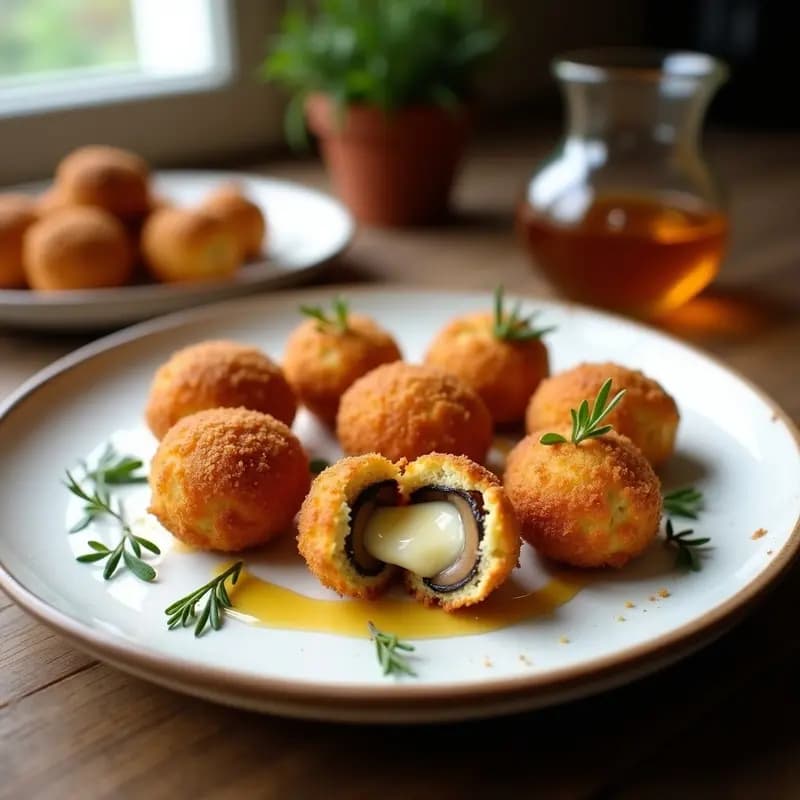 Croquetas doradas y crujientes de hongos portobello y queso de cabra con miguelitos, servidas en un plato blanco con hojas de tomillo fresco y un hilo de miel. Receta española gourmet.