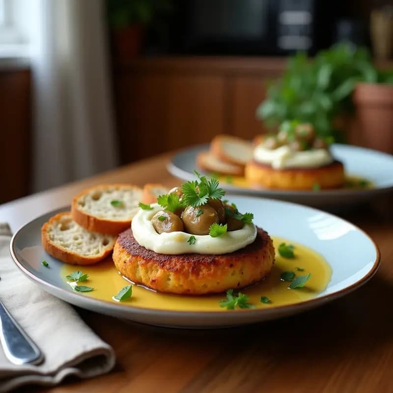 Croquetas doradas y crujientes de hongos Portobello y queso azul con empanizado de pan de almendras, servidas en un plato blanco rústico con hierbas frescas de adorno. Entrante francés keto con textura esponjosa por dentro y superficie dorada.