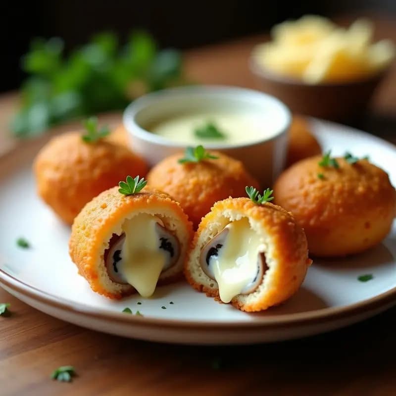 Croquetas doradas y crujientes de hongos shiitake y queso Gruyère servidas en un plato blanco rústico, con un fondo de bechamel de avena visible al cortarlas. Acompañadas de perejil fresco picado y una salsa ligera al lado.