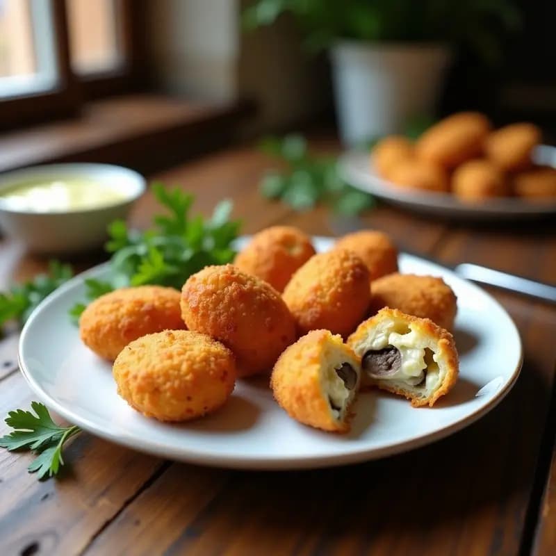 Croquetas doradas y crujientes de hongos shitake y queso manchego servidas en un plato blanco, con un fondo rústico y hierbas frescas. Receta española sin gluten hecha en airfryer.