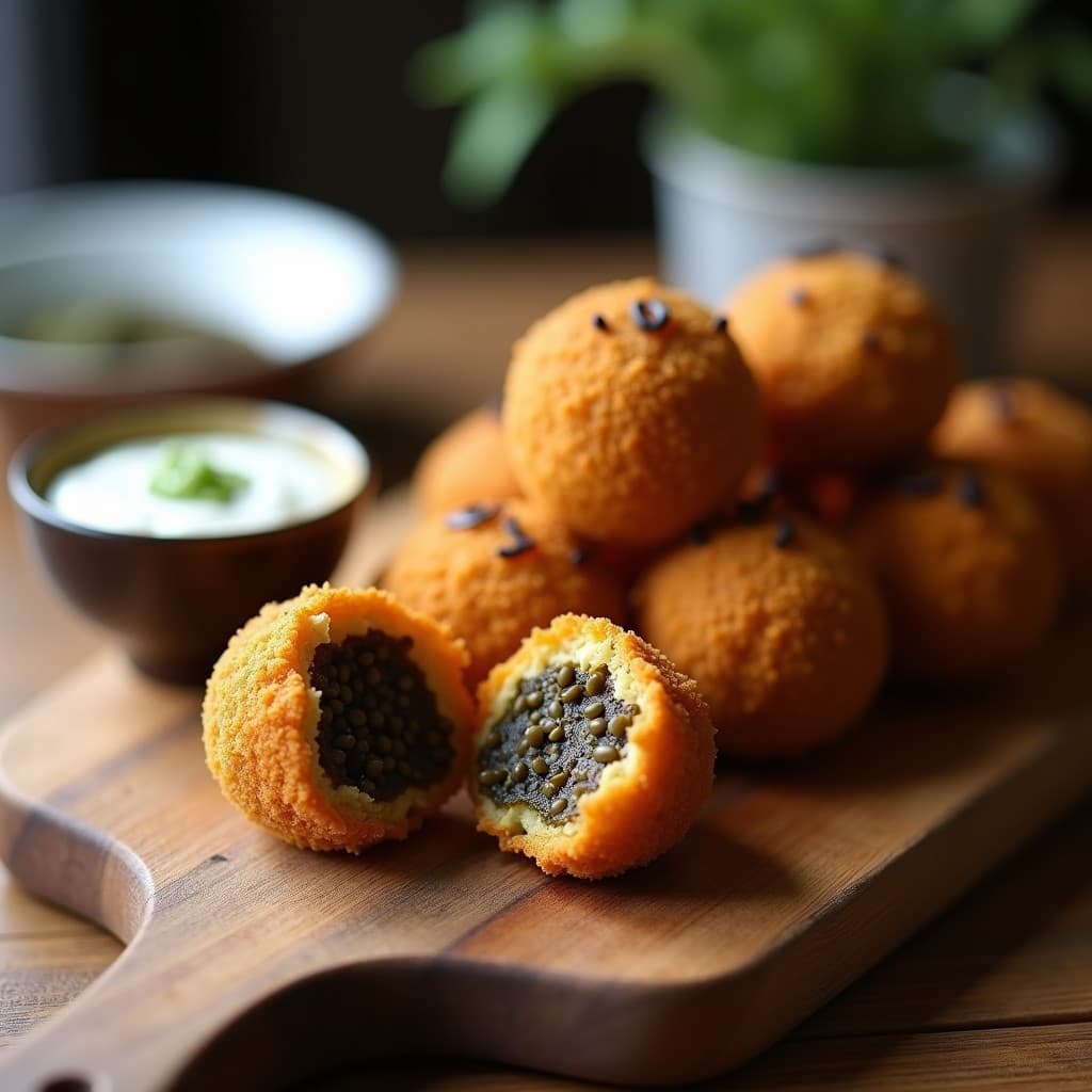 Croquetas doradas y crujientes de lentejas beluga y algas wakame al horno, con semillas de sésamo negro, servidas en bandeja rústica de madera con salsa cremosa al lado.