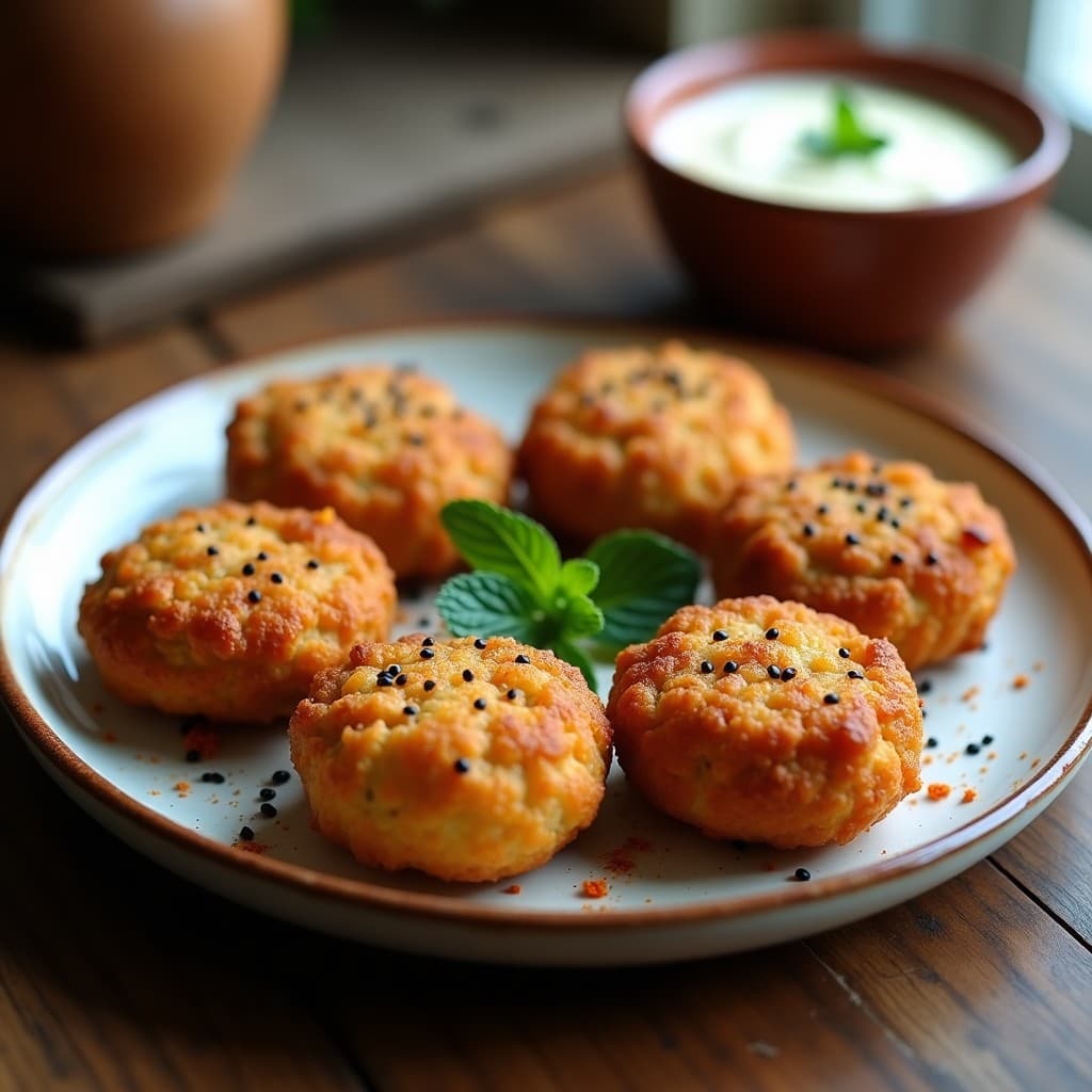 Croquetas doradas y crujientes de lentejas negras con tabaco vegetal, servidas en plato rústico de barro con salsa cremosa al lado. Receta vegana con sabor ahumado en airfryer.