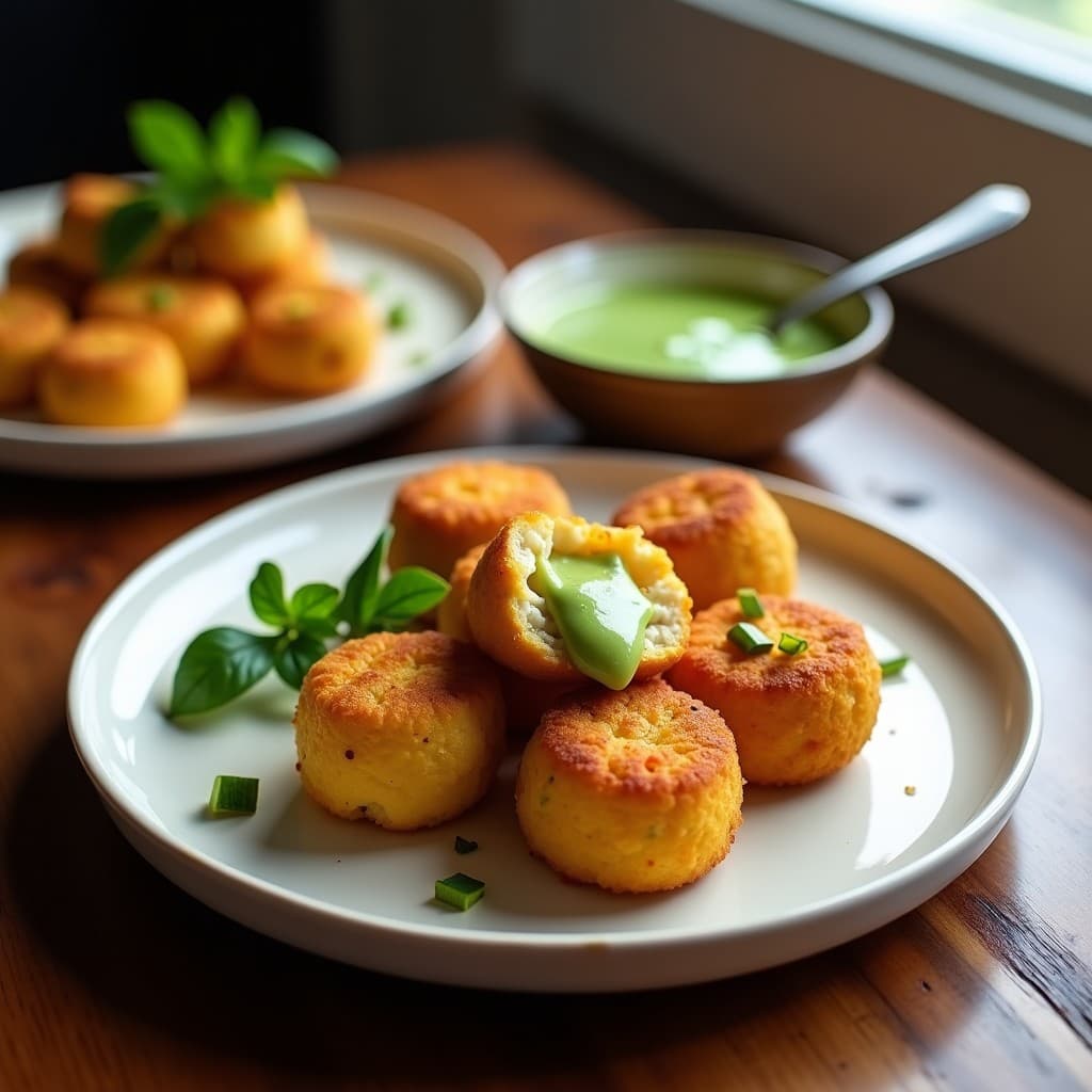 Croquetas doradas de maíz morado y queso de cabra en airfryer, servidas en plato blanco con salsa de huacatay cremosa y verdes hojas de huacatay como decoración, receta peruana crujiente y colorida.
