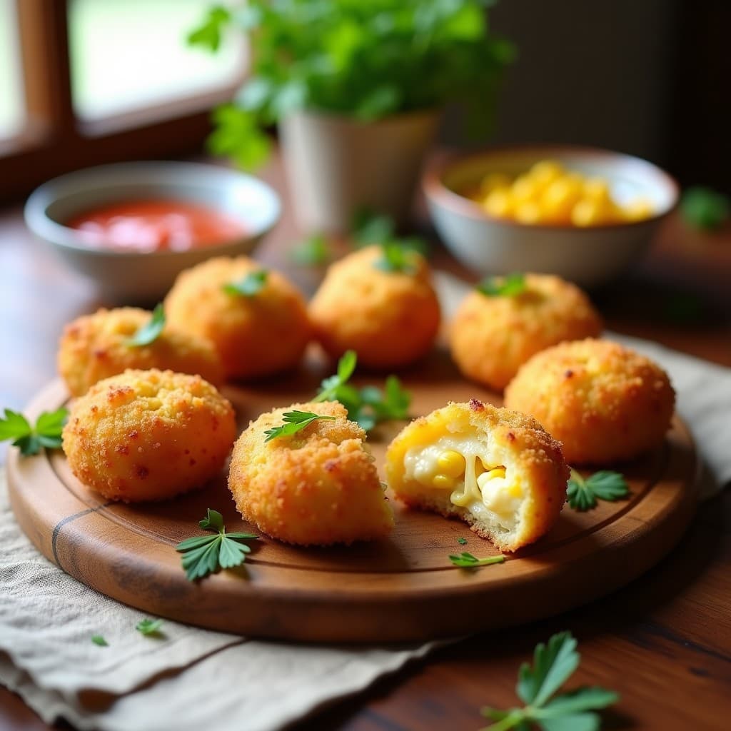 Croquetas doradas de maíz dulce y queso manchego en bandeja de madera, con textura crujiente por fuera y jugosa por dentro, decoradas con perejil fresco. Receta española en Airfryer para niños.