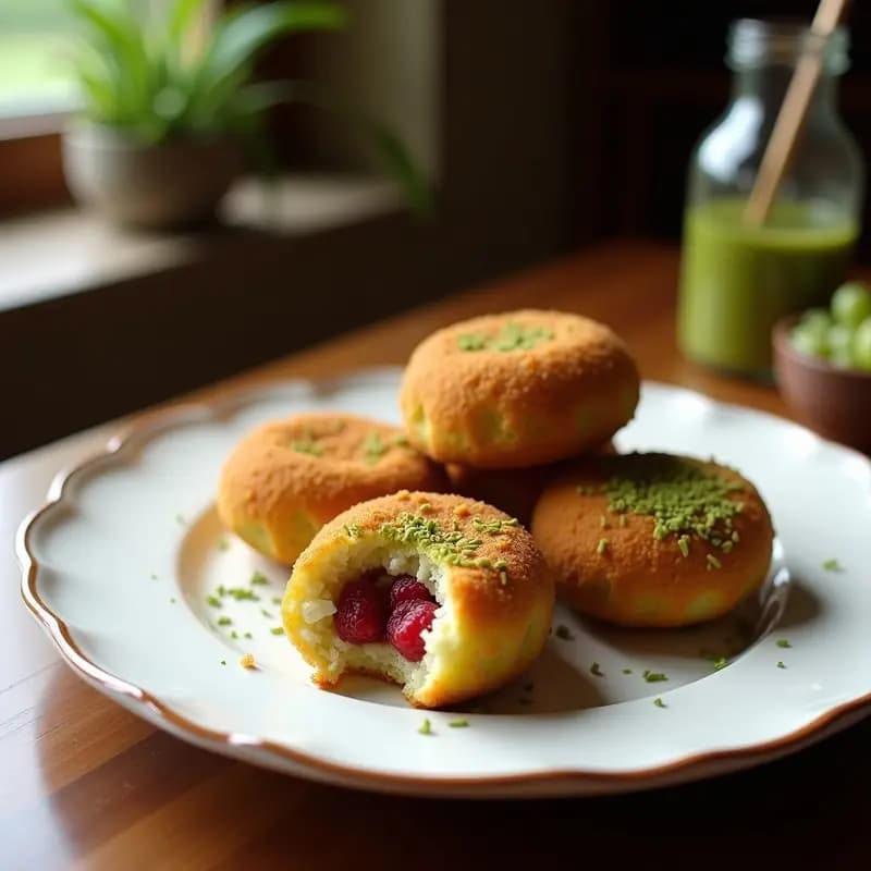 Croquetas doradas de matcha y coco con relleno de mermelada de frambuesa, apiladas en un plato blanco con detalles de coco rallado y matcha en polvo espolvoreado. Aperitivo japonés dulce, crujiente y colorido, ideal para redes sociales.