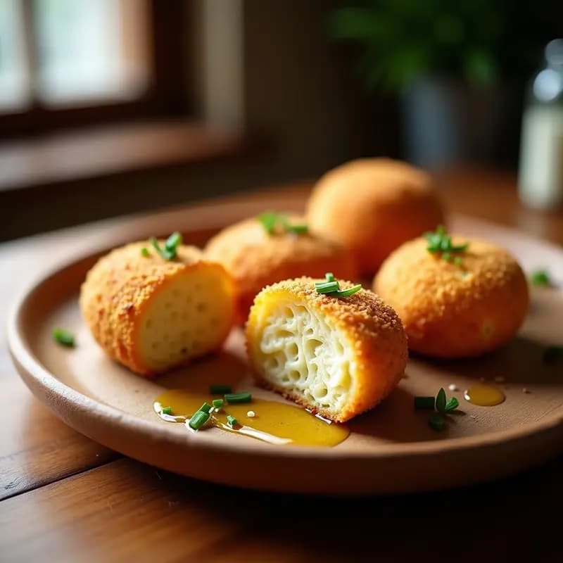 Bandeja de croquetas de morillas y foie gratinadas con superficie dorada y crujiente, servidas sobre papel de horno con un hilo de aceite de oliva virgen extra.
