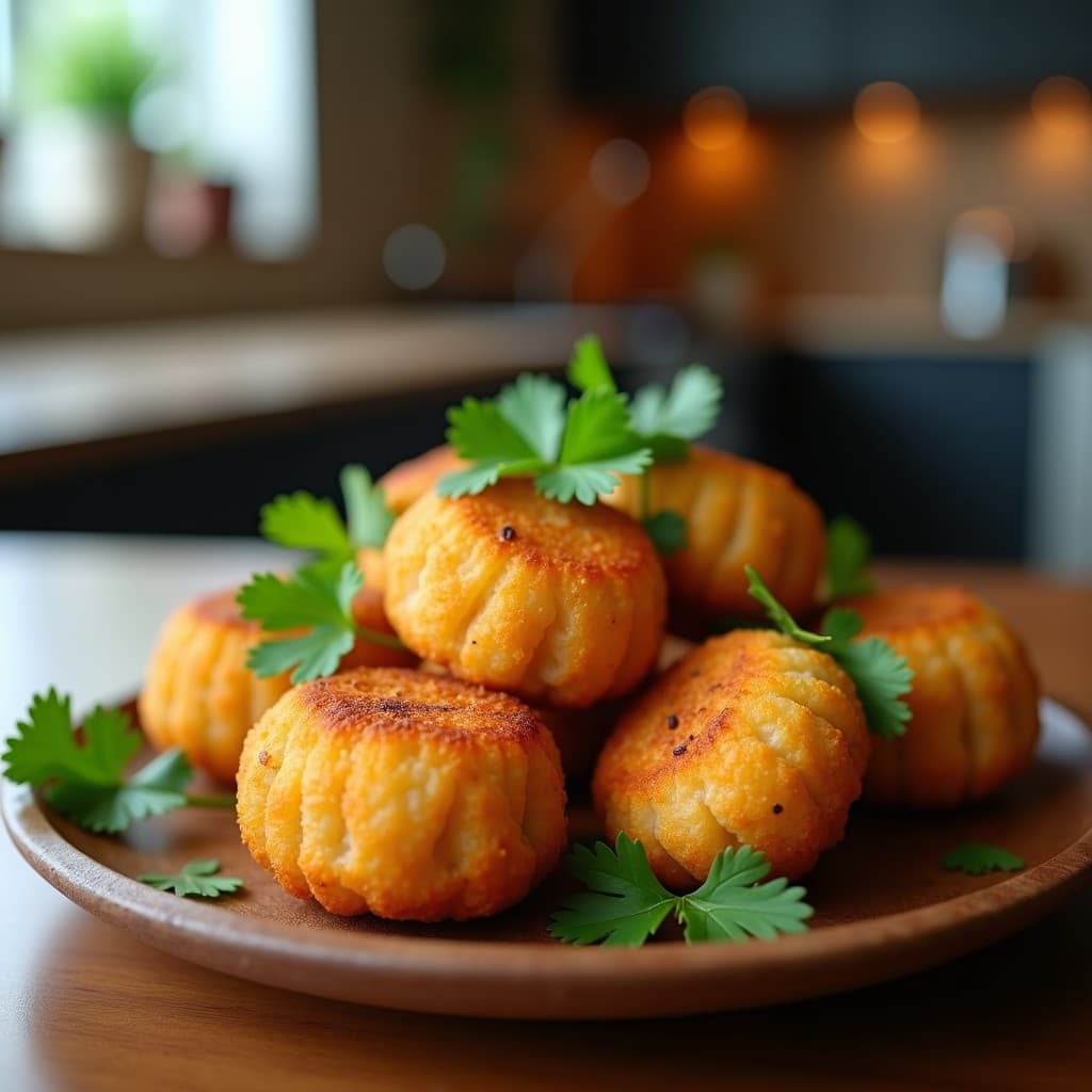 Croquetas de ñame y cilantro doradas y crujientes dispuestas en un plato de madera rústico, con hojas de cilantro fresco como decoración y un fondo borroso de cocina moderna. Receta colombiana en airfryer sin gluten.