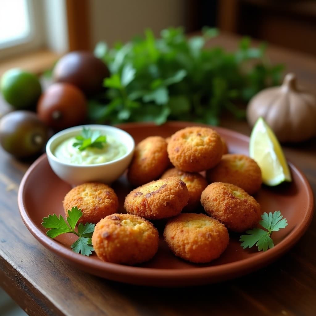 Croquetas doradas y crujientes de Ñame y Hongos Portobello servidas en plato rústico de barro, acompañadas de salsa cremosa de ají charapita en cuenco pequeño. Decoradas con hojas de cilantro fresco y rodajas de limón al lado. Plato típico peruano cocinado en Airfryer.