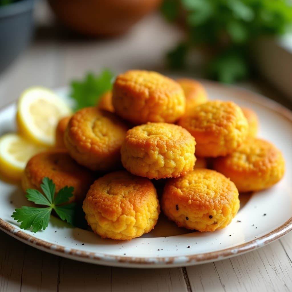 Croquetas doradas y crujientes de pollo al curry con cúrcuma, servidas en un plato blanco rústico con hojas de cilantro fresco y rodajas de limón. Receta en airfryer sin lactosa, con textura cremosa por dentro y color dorado intenso por fuera.