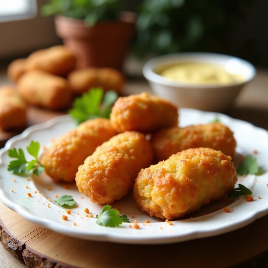 Croquetas doradas y crujientes de pollo de soja y queso vegano servidas en un plato blanco con salsa alioli, receta sin lactosa en Airfryer para niños.