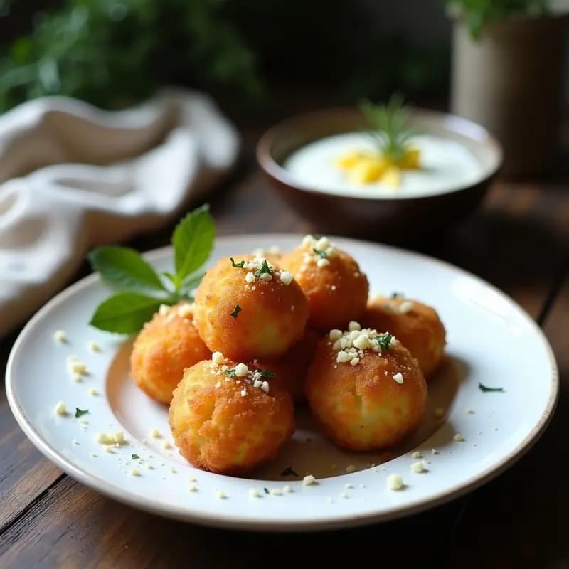 Croquetas doradas y crujientes de pulpo y alcachofa con rebozado de panko, servidas en un plato blanco con perejil fresco y gajos de limón, receta española con toque japonés.