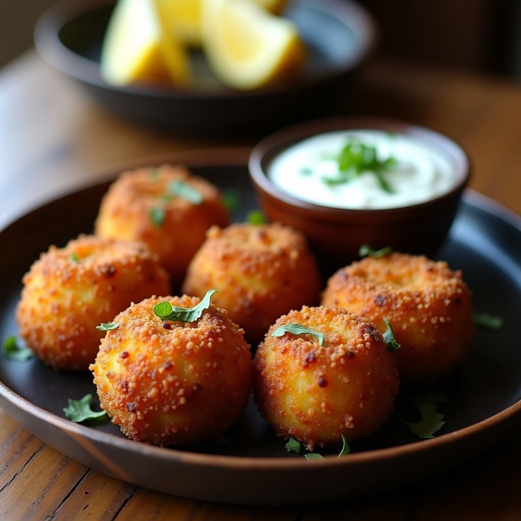 Croquetas doradas y crujientes de puré de ñame morado con queso de cabra, servidas en un plato de madera oscuro con salsa de yogur y hierbas frescas, fondo rústico con textura de madera y luz natural.