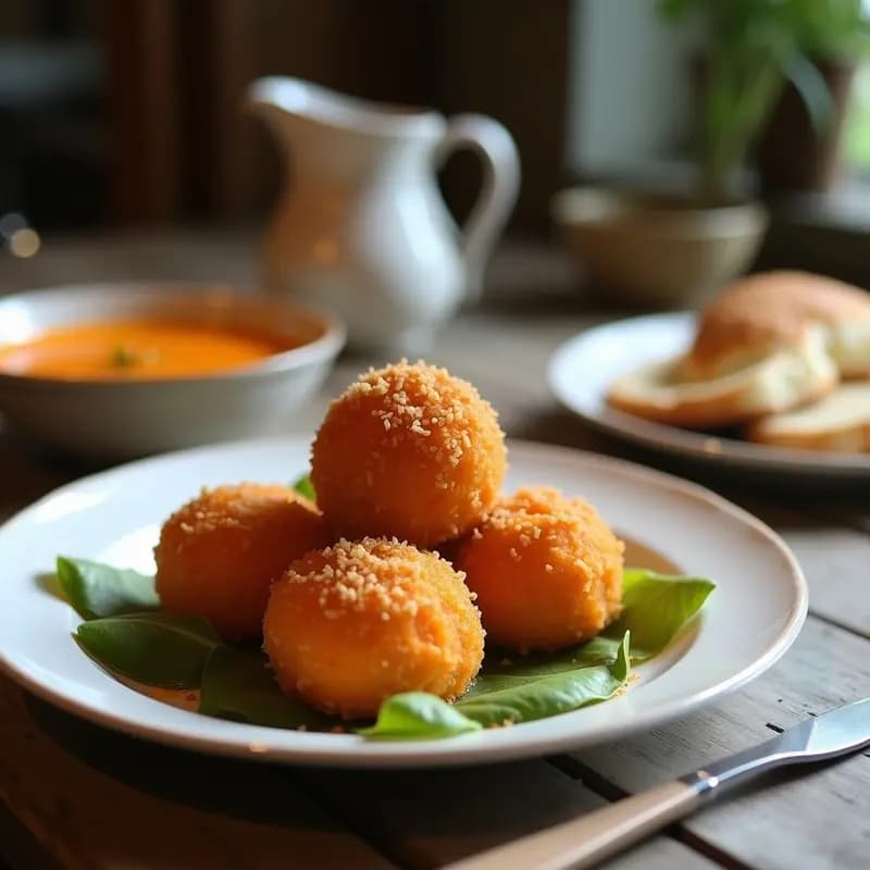 Bandeja de croquetas de puré de boniato y coco rallado doradas al horno, con textura crujiente y aroma tropical, aperitivo vegano saludable.