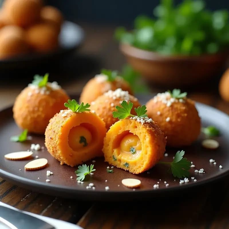 Croquetas doradas de puré de camote y queso azul servidas en plato blanco con decoración de miel de chancaca y almendras fileteadas, aperitivo peruano gourmet.